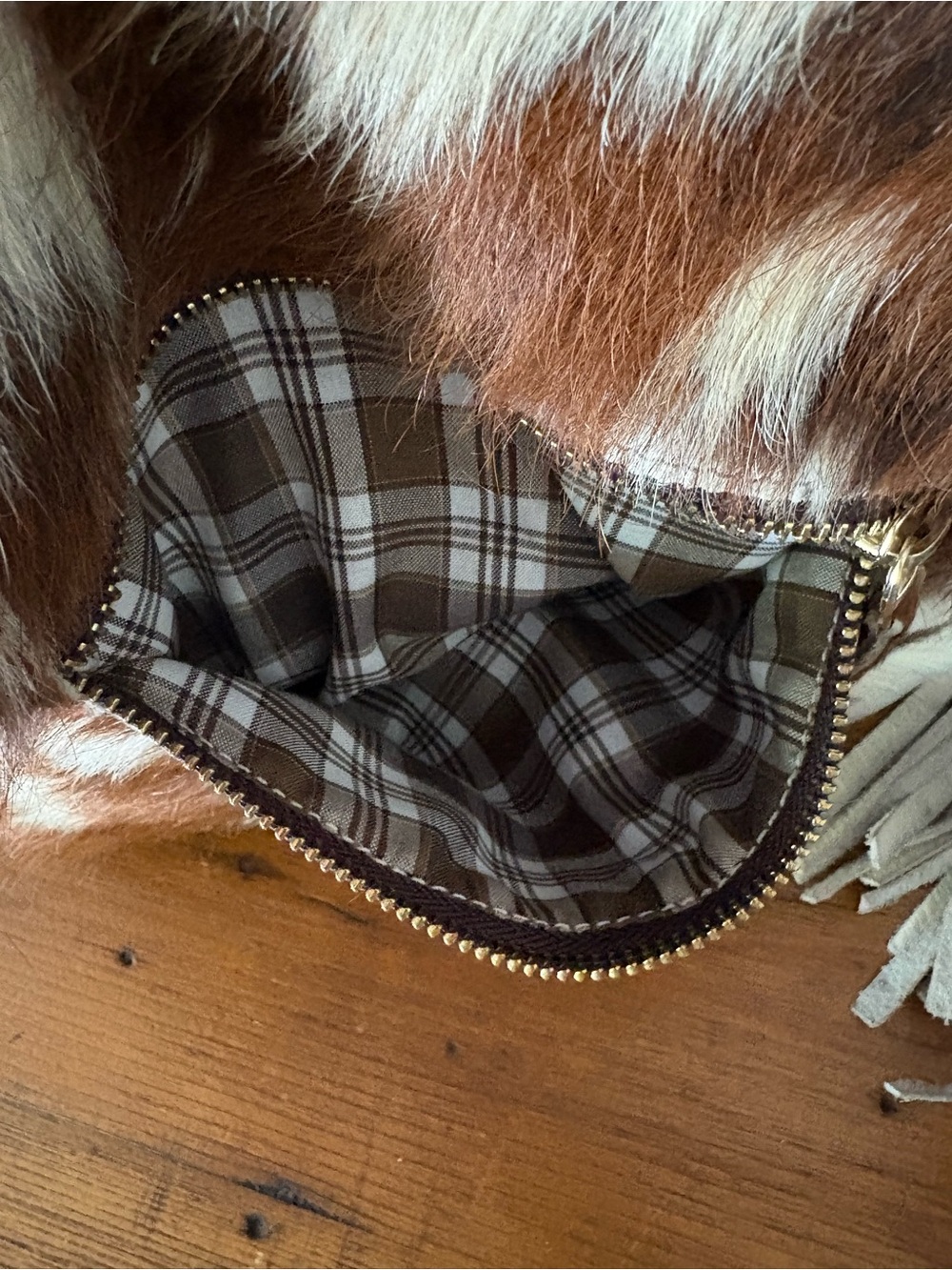 Charlie Leather Genuine Hair-on-Hide Cowhide Fringe Shoulder Bag Brown White - Picture 8 of 14